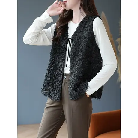 宝诗黎V领系带马甲无袖外套2023早秋新款小众外搭坎肩女休闲上衣商品大图