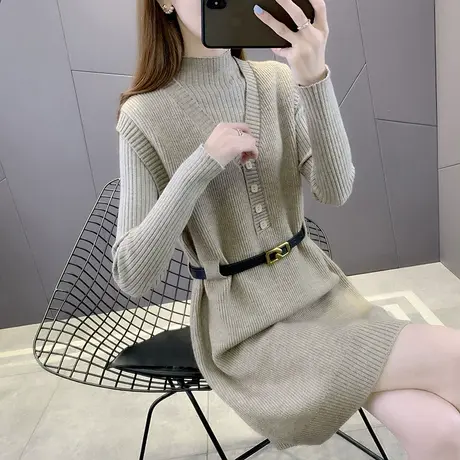 两件套长款毛衣女加厚半高领打底衫秋冬2023年新款洋气针织连衣裙图片