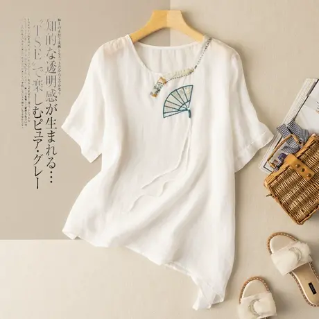 短袖亚麻上衣刺绣复古文艺中国风棉麻小衫女宽松时尚2022夏季新款图片