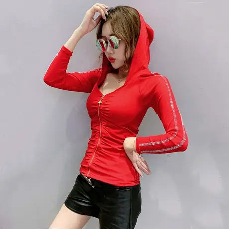 2023春秋新款时尚烫钻T恤女长袖拉链连帽上衣修身百搭薄款小外套商品大图