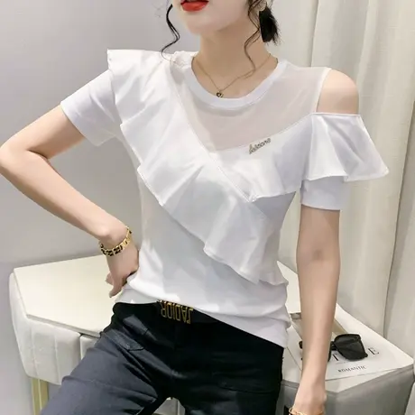 欧货荷叶边T恤女短袖性感镂空露肩小衫网纱拼接上衣修身别致体恤商品大图