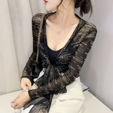 时尚网纱长袖开衫女秋季薄款外套小披肩外搭纱披风网红上衣加绒潮图片