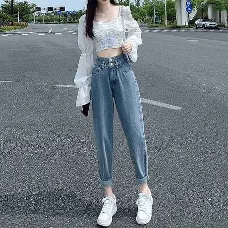 小个子老爹牛仔裤女春秋2023年新款高腰显瘦垂感直筒大码哈伦裤子商品大图