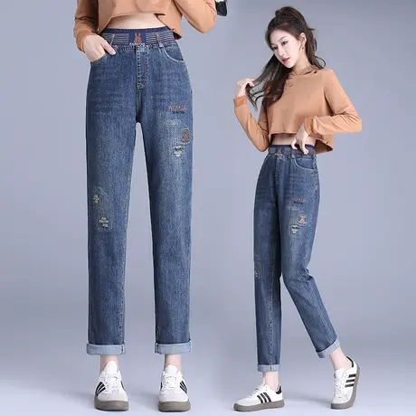 中年时尚牛仔哈伦裤女2023年秋季新款松紧高腰显瘦百搭老爹裤女商品大图