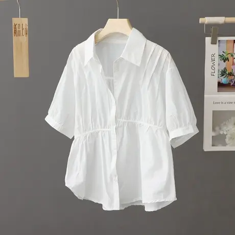 2023新款夏季裙摆式白色衬衫女短袖设计感小众纯色上衣小个子衬衣商品大图