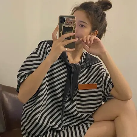 条纹短袖t恤女2021夏季宽松韩版ins半袖设计感小众chic港味上衣服商品大图