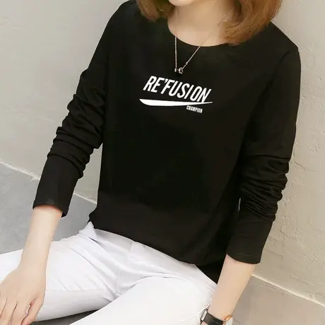 长袖t恤女纯棉百搭黑色打底衫2022春夏新款宽松大码胖MM洋气上衣图片
