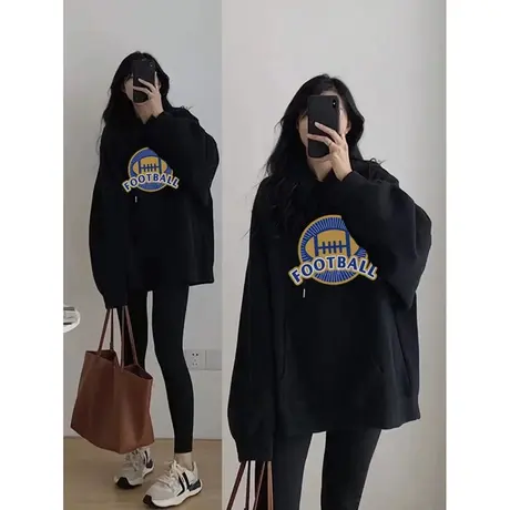 美式复古卫衣女秋冬小个子高级感上衣宽松慵懒风加绒加厚连帽外套商品大图