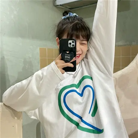 红续爱心小众设计感新款秋装ins宽松oversize纯棉长袖T恤女卫衣图片