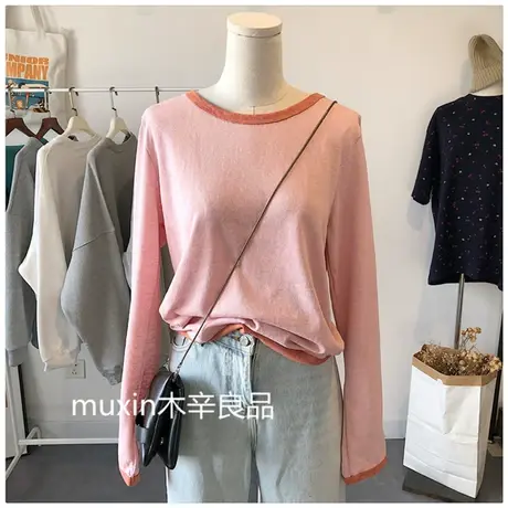 长袖t恤女春季2022新款韩版ins潮撞色圆领宽松休闲简约百搭打底衫商品大图