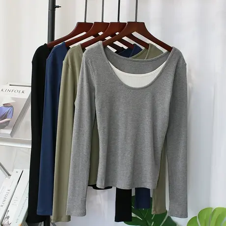 ins修身圆领长袖T恤女春秋季韩版紧身短款假两件内搭打底衫上衣潮商品大图