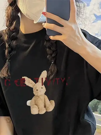 复古港风黑色显瘦t恤女2023夏季新款棉小众圆领短袖chic上衣潮商品大图