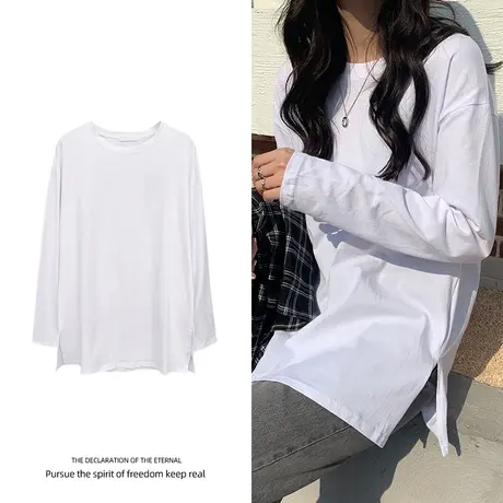 白色纯棉打底衫早秋薄款宽松下摆慵懒风长袖上衣200斤胖mm穿搭潮商品大图