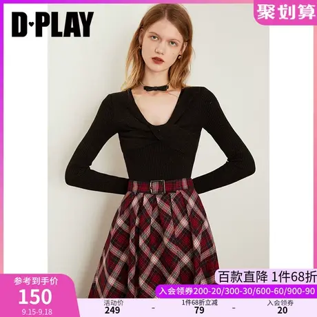 DPLAY早秋装新黑色法式复古修身打底衫蝴蝶结V领长袖针织小衫图片