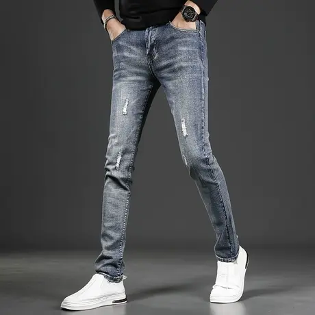 美式高端破洞牛仔裤男秋冬季2022新款蓝色修身小脚潮牌百搭裤子男商品大图