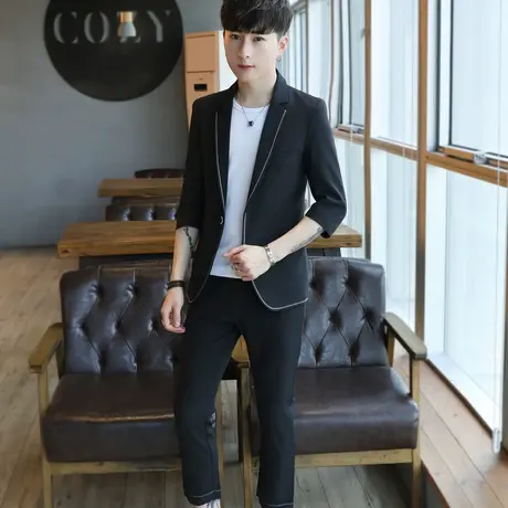 西服套装男修身韩版帅气潮外套学生五分七分袖夏季薄款休闲小西装商品大图