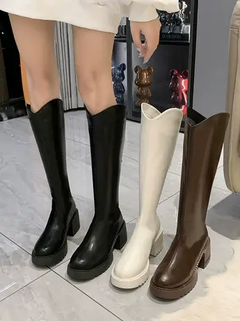 小个子不过膝长筒靴女粗跟2022年新款秋季v口显瘦高筒厚底骑士靴商品大图