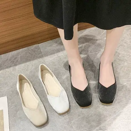温柔风豆豆鞋女2023年春季新款一脚蹬平底方头单鞋女浅口软底瓢鞋商品大图