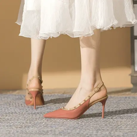 一字带铆钉高跟鞋女2023年夏季新款尖头漆皮气质单鞋时尚细跟凉鞋商品大图