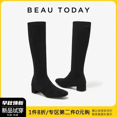 BeauToday复古长靴粗跟长筒靴女靴子女2023新款高筒靴BT黑色靴子图片