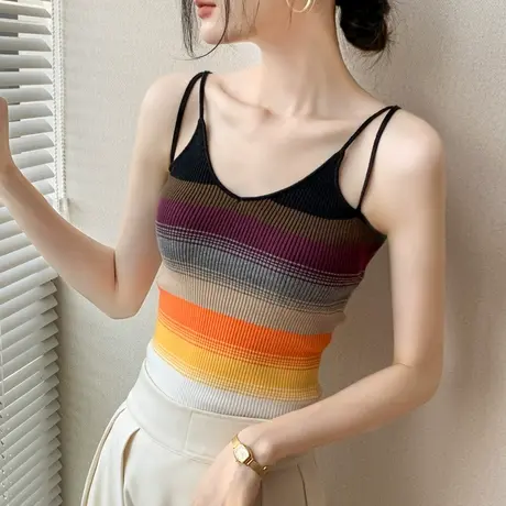 彩虹条纹吊带背心女夏新款露背辣妹夏日多巴胺穿搭无袖v领上衣潮商品大图