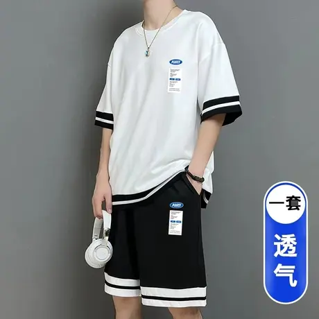 男士夏季短袖T恤套装休闲运动服宽松半袖短裤加肥加大码一套衣服商品大图