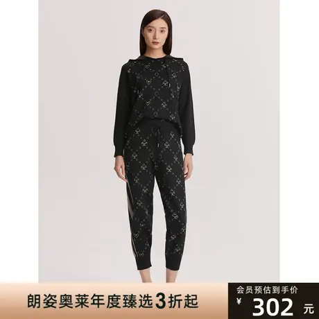 朗姿商场同款提花针织休闲运动裤年秋季黑色九分裤子女商品大图