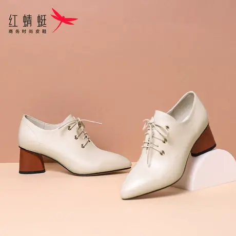 红蜻蜓尖头单鞋女2024春夏款粗跟深口英伦风皮鞋女系带软皮高跟鞋商品大图