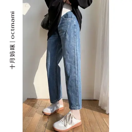 十月妈咪孕妇牛仔老爹裤春秋外出怀孕期外穿托腹直筒宽松裤子春装图片