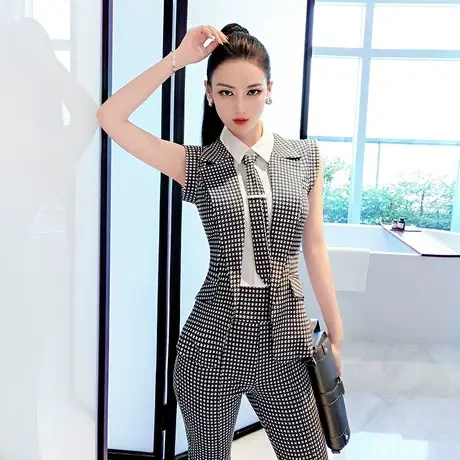 VJE千鸟格帅气OL西装套装女夏新款假两件外套小脚裤两件套图片