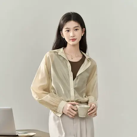 【商场同款】茵曼休闲简约衬衣2023夏女装新款翻领长袖短款上衣图片