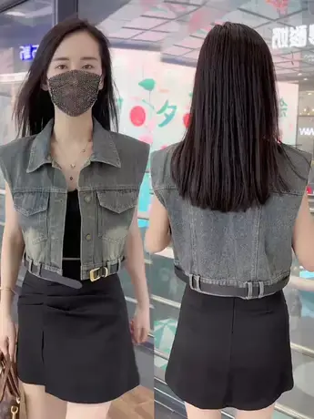 2023夏季新款设计感牛仔马甲女薄款宽松坎肩外搭无袖短款外套上衣图片