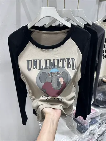 欧货早秋新款韩版设计感小众拼色卡通印花显瘦百搭收腰长袖T恤女商品大图