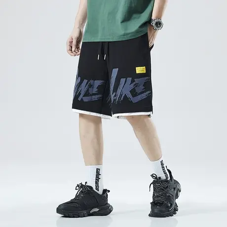 男士假两件短裤男款运动夏季薄款男裤2023新款黑色五分裤大码中裤商品大图