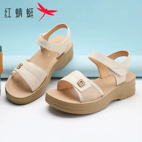 红蜻蜓女鞋2025夏季新款厚底软底休闲凉鞋魔术贴一字带真皮沙滩鞋图片