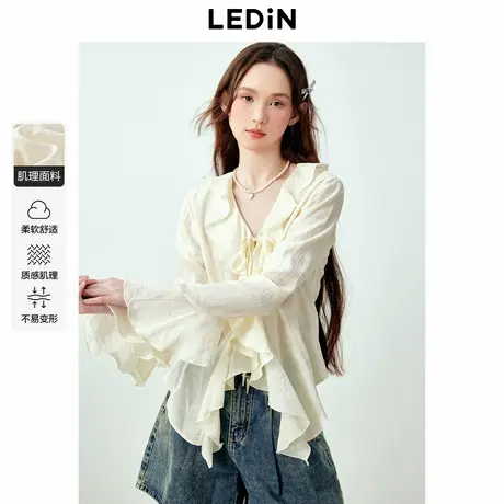 乐町甜美少女感白色荷叶边衬衫女夏季新款时尚百搭肌理感衬衣商品大图