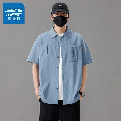 N5真维斯男士短袖衬衫2025夏季新款翻领工装男生休闲宽松百搭衬衣商品大图