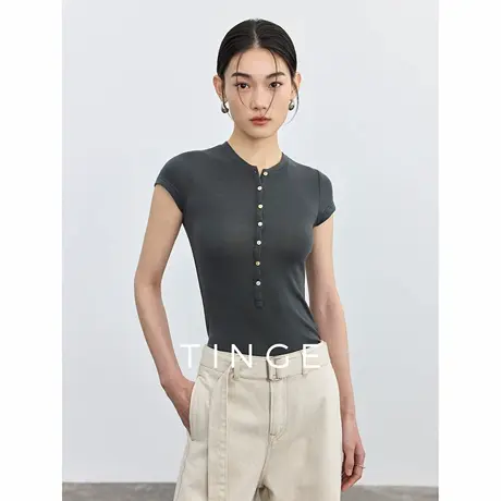 TINGE贴己天丝亨利领短袖紧身显瘦弹力T恤女春夏内搭上衣针织衫商品大图