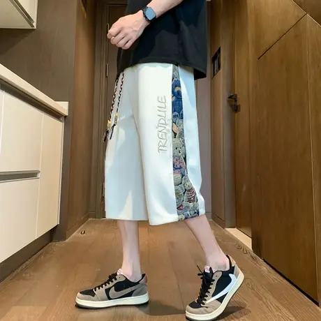 美式休闲运动七分裤男夏季新款宽松直筒八分马裤潮牌大码冰丝短裤商品大图