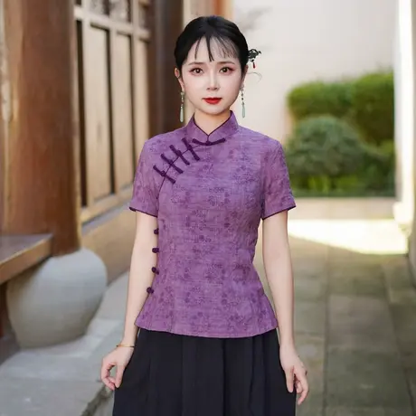 筠雅夏季新款复古改良新中式国风唐装上衣女有色斜襟短袖女25J128商品大图