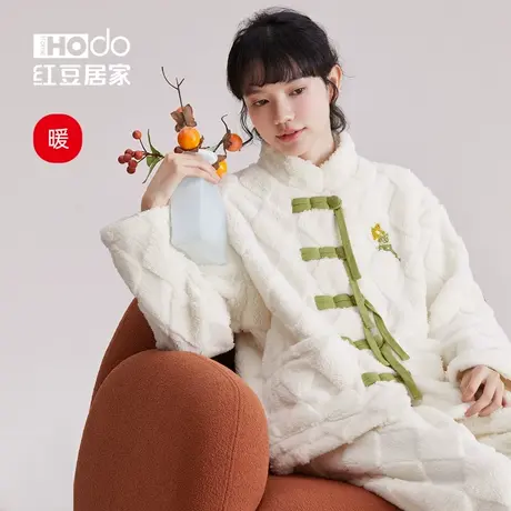 红豆珊瑚绒新中式睡衣女国风立领外穿国潮法兰绒家居服套装秋冬季商品大图