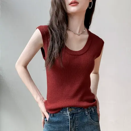 大U领无袖针织衫女2025新款修身纯色别致坎肩配衬衫的内搭上衣薄商品大图