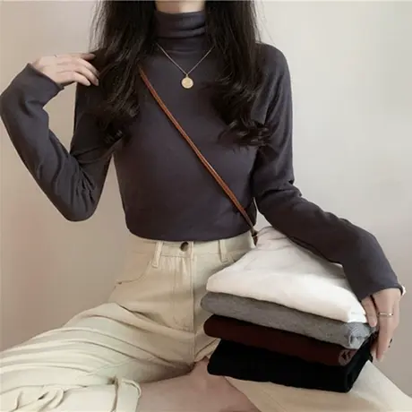 2023新款春秋冬季白色洋气德绒高领百搭加绒打底衫内搭长袖t恤女图片