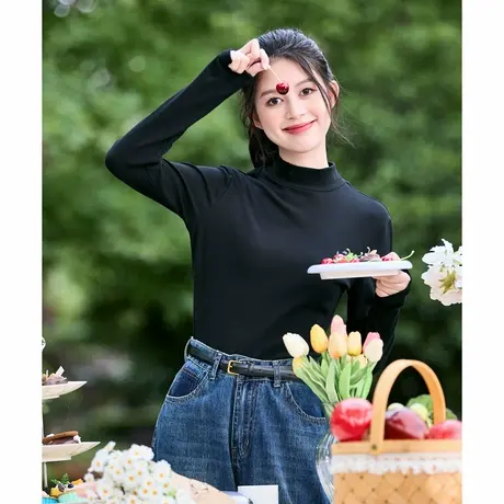 唐狮打底衫女黑白色圆领内搭初秋新款U领上衣半高领长袖T恤商品大图