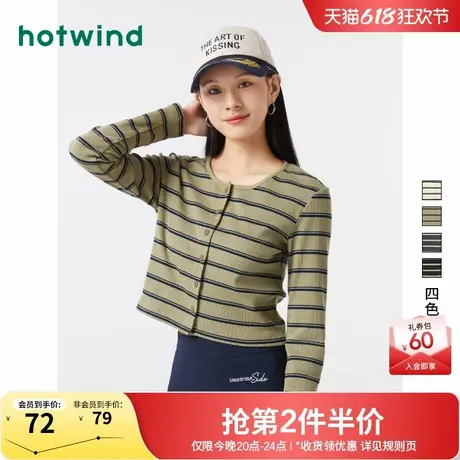 热风针织衫2024年秋季新款女士条纹圆领长袖T恤短款开衫外搭上衣商品大图