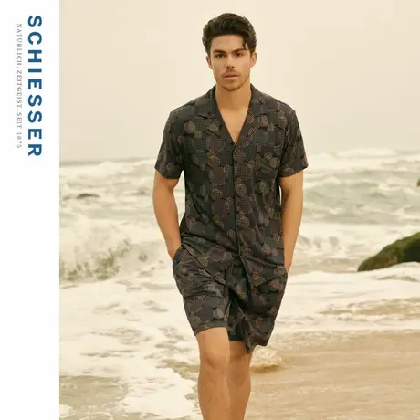 SCHIESSER舒雅25年春夏新品男士棉莫代尔小翻领睡衣家居服套装图片