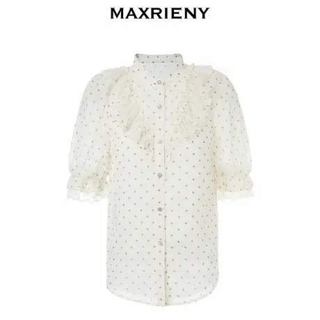 【奥莱】MAXRIENY宫廷立领蕾丝上衣秋季五分袖波点雪纺衫图片