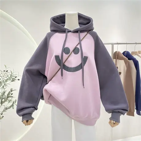 贴布笑脸宽松加绒加厚拼色插肩袖连帽卫衣女休闲秋冬2022新款外套图片