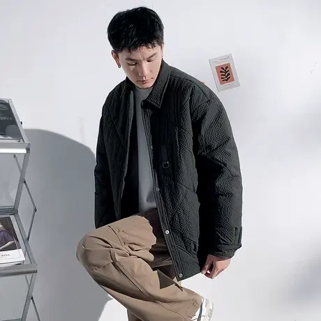 唐狮冬季新款棉衣男士翻领夹棉外套青少年学生短款黑色棉服潮商品大图