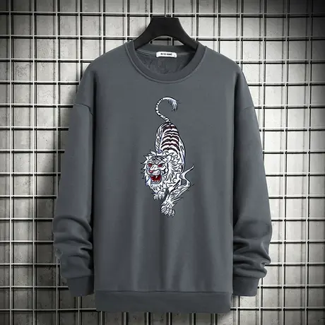 国潮卫衣男秋冬款加绒加厚套头无帽上衣服宽松摇粒绒圆领长袖t恤图片